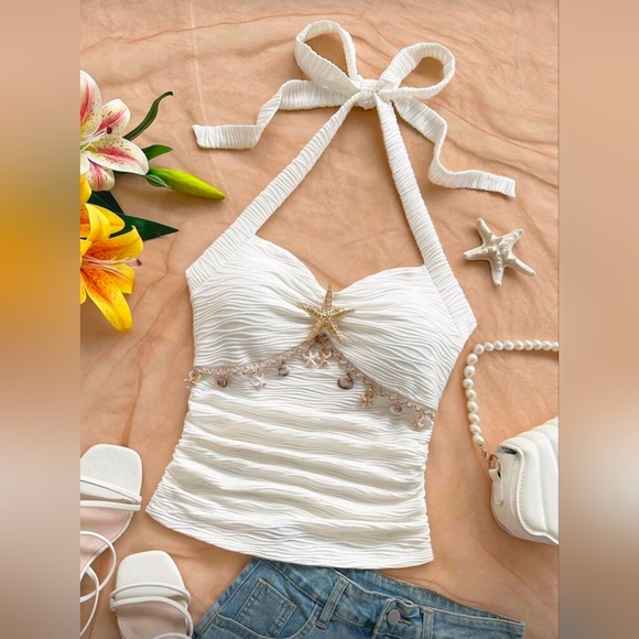 Soleia Tie Strap Starfish Shell Decor V-Neck Metal Buckle Knit Textured Halter - Picture 6 of 7